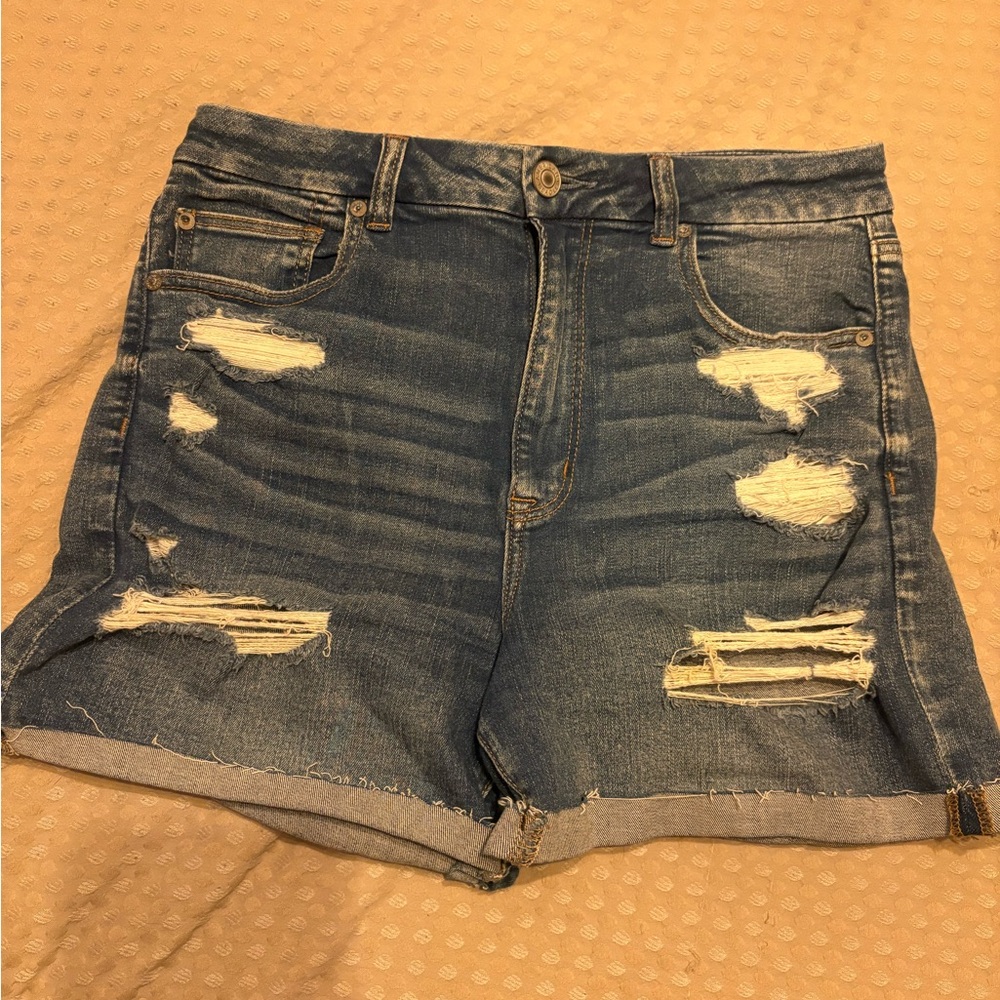 Ripped High-Waist Denim Shorts in Blue